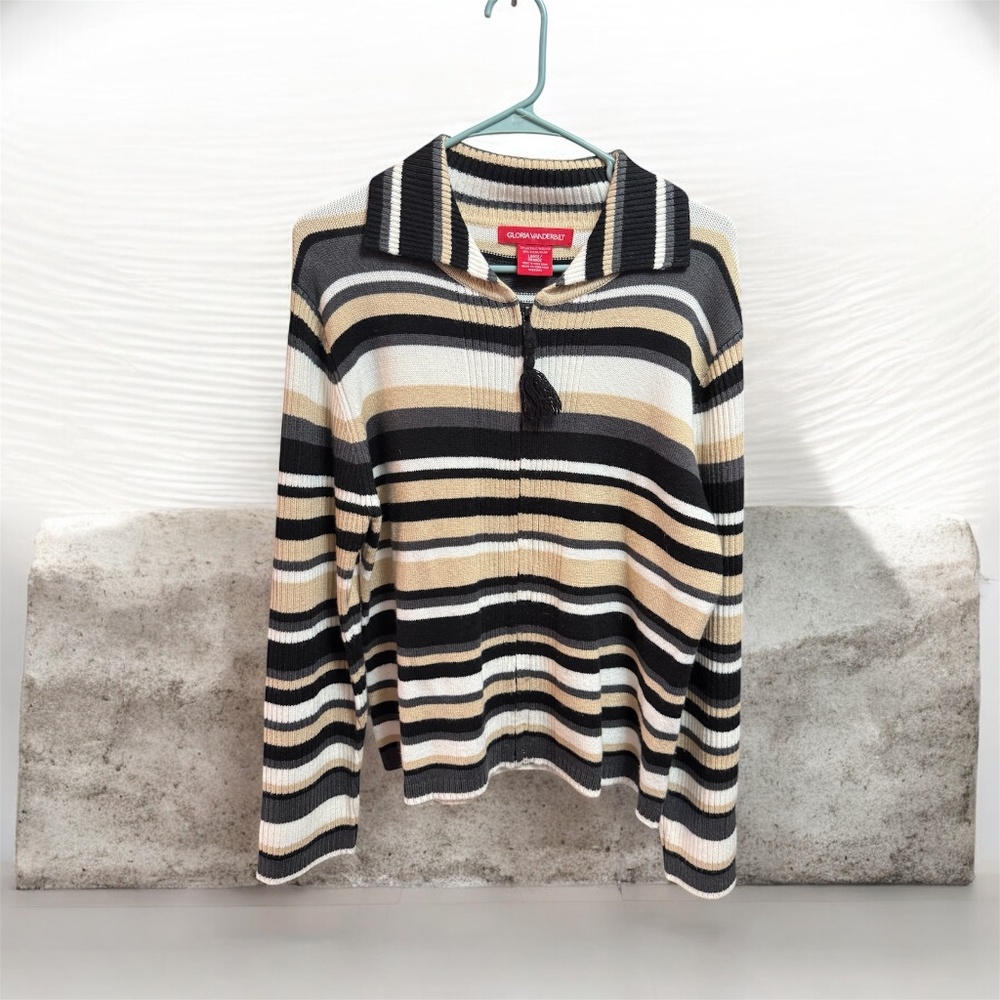 Vintage Gloria Vanderbilt Striped Full Zip Long Sleeved Sweater ~ Size Large
